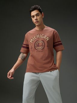 DILLINGER - Men Round Neck Brown Half Sleeve Printed Oversized Fit T-Shirt