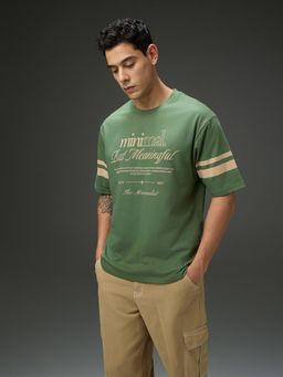 DILLINGER - Men Round Neck Green Half Sleeve Printed Oversized Fit T-Shirt