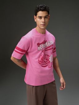 DILLINGER - Men Round Neck Half Sleeve Printed Pink Oversized Fit T-Shirt