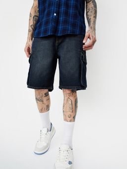 max - Navy Blue Men Washed Cargo Denim Shorts