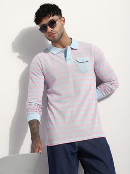 Difference of Opinion - Men Regular Long Sleeve Striped Pink Polo T-Shirt