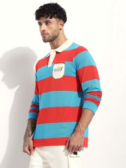 Difference of Opinion - Men Regular Fit Long Sleeve Striped Blue Polo T-Shirt