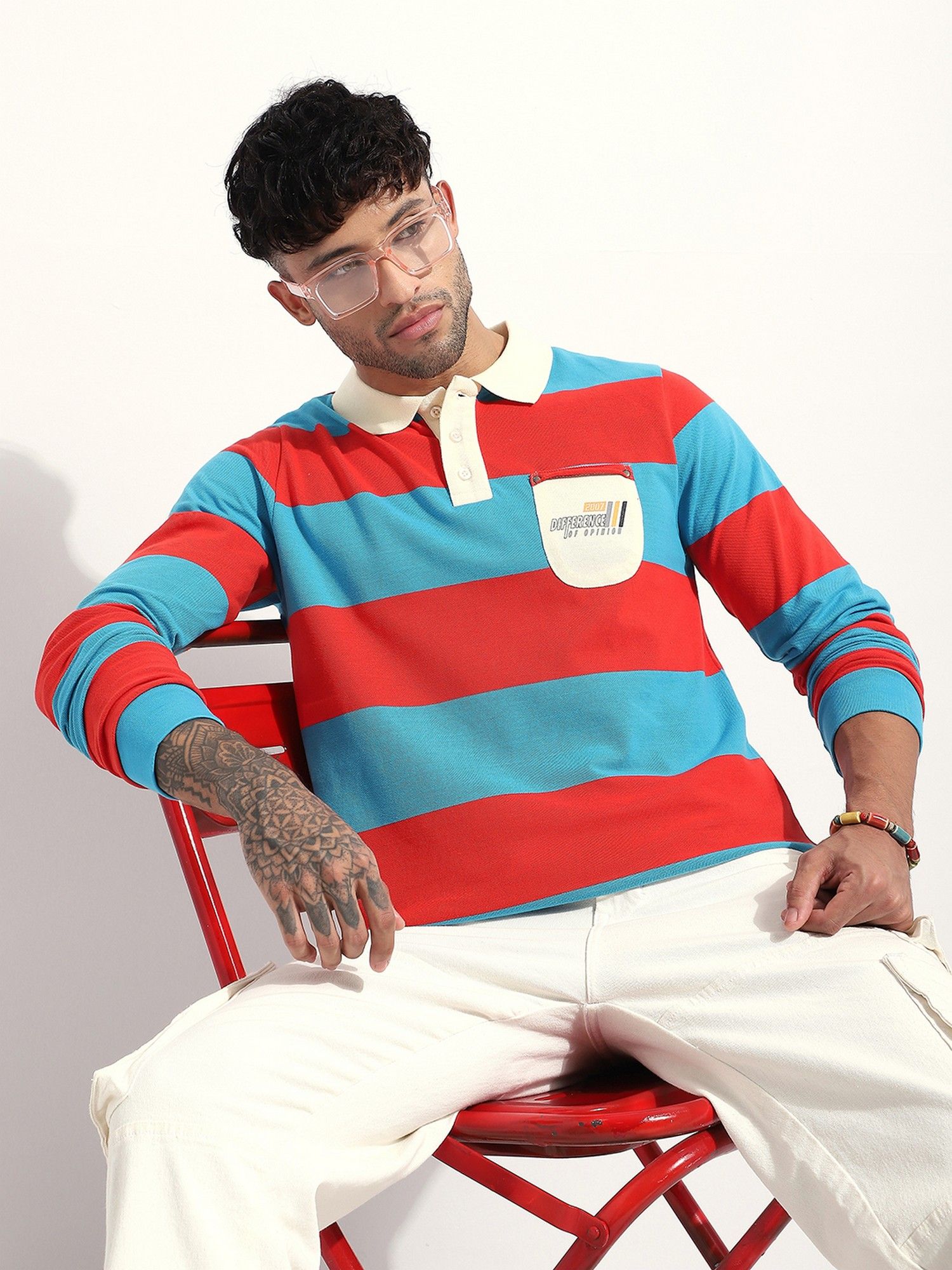 Men Regular Fit Long Sleeve Striped Blue Polo T-Shirt