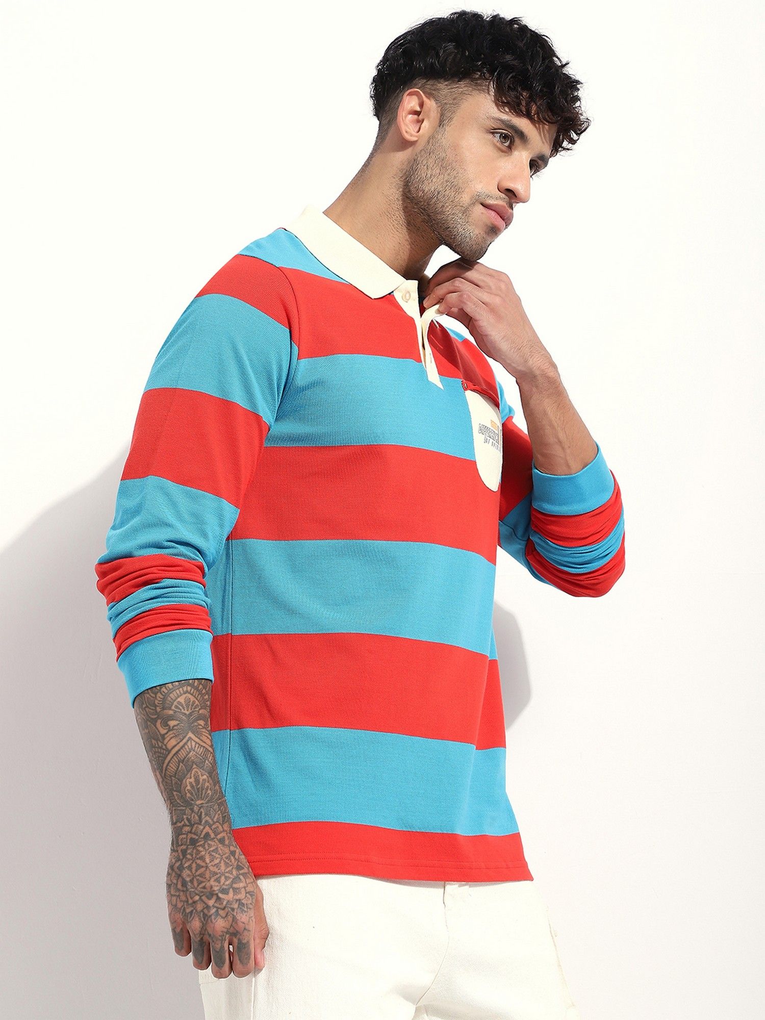 Men Regular Fit Long Sleeve Striped Blue Polo T-Shirt