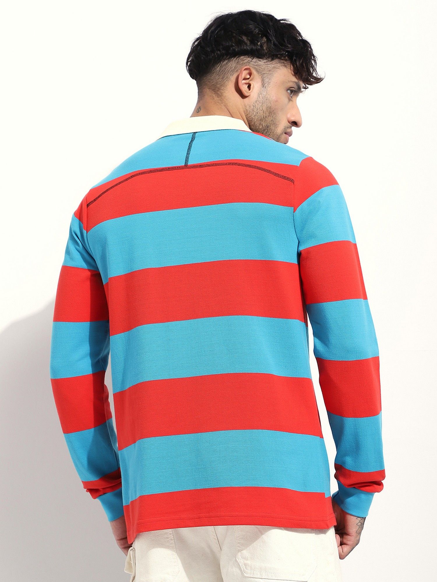 Men Regular Fit Long Sleeve Striped Blue Polo T-Shirt