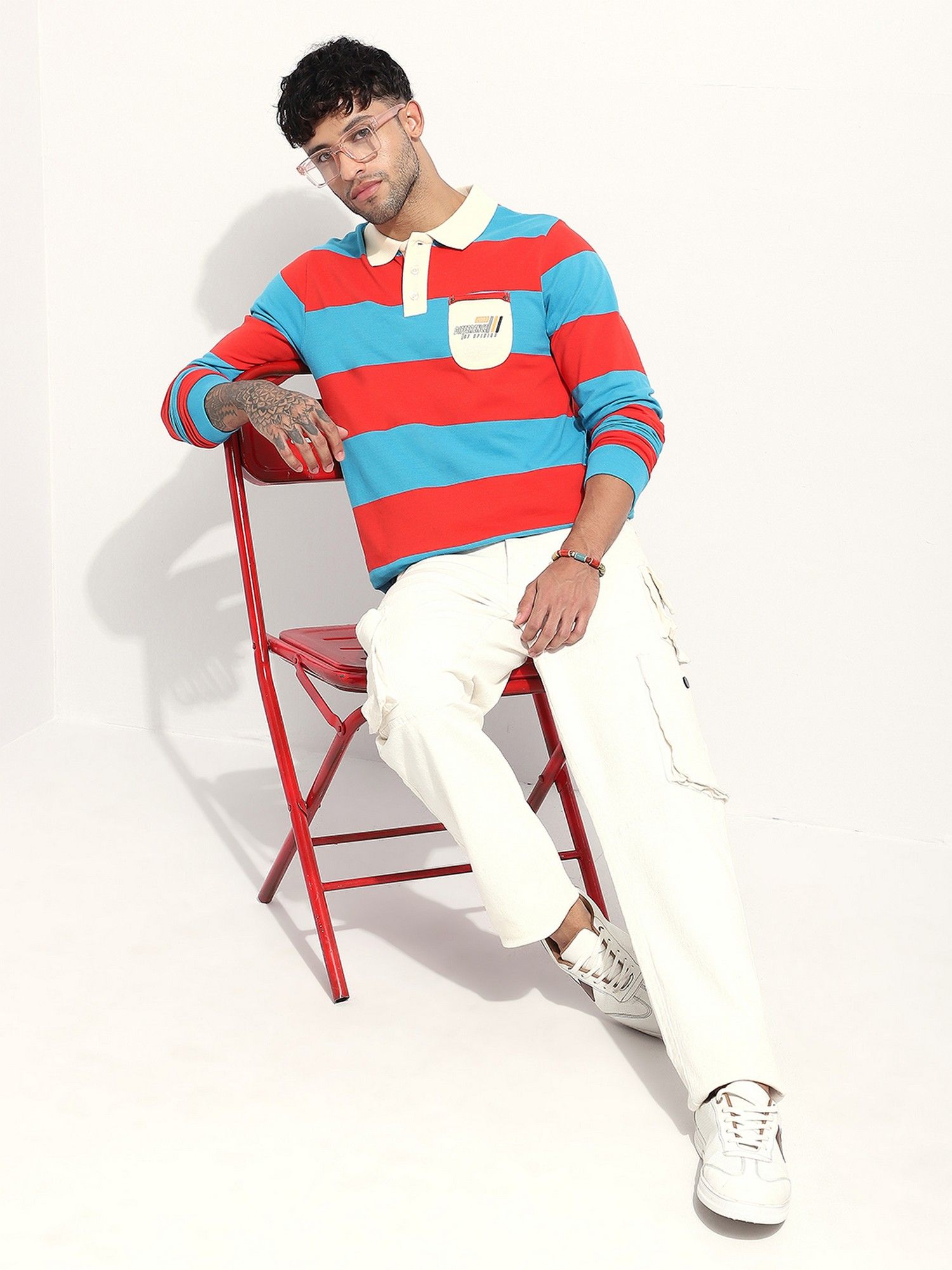 Men Regular Fit Long Sleeve Striped Blue Polo T-Shirt