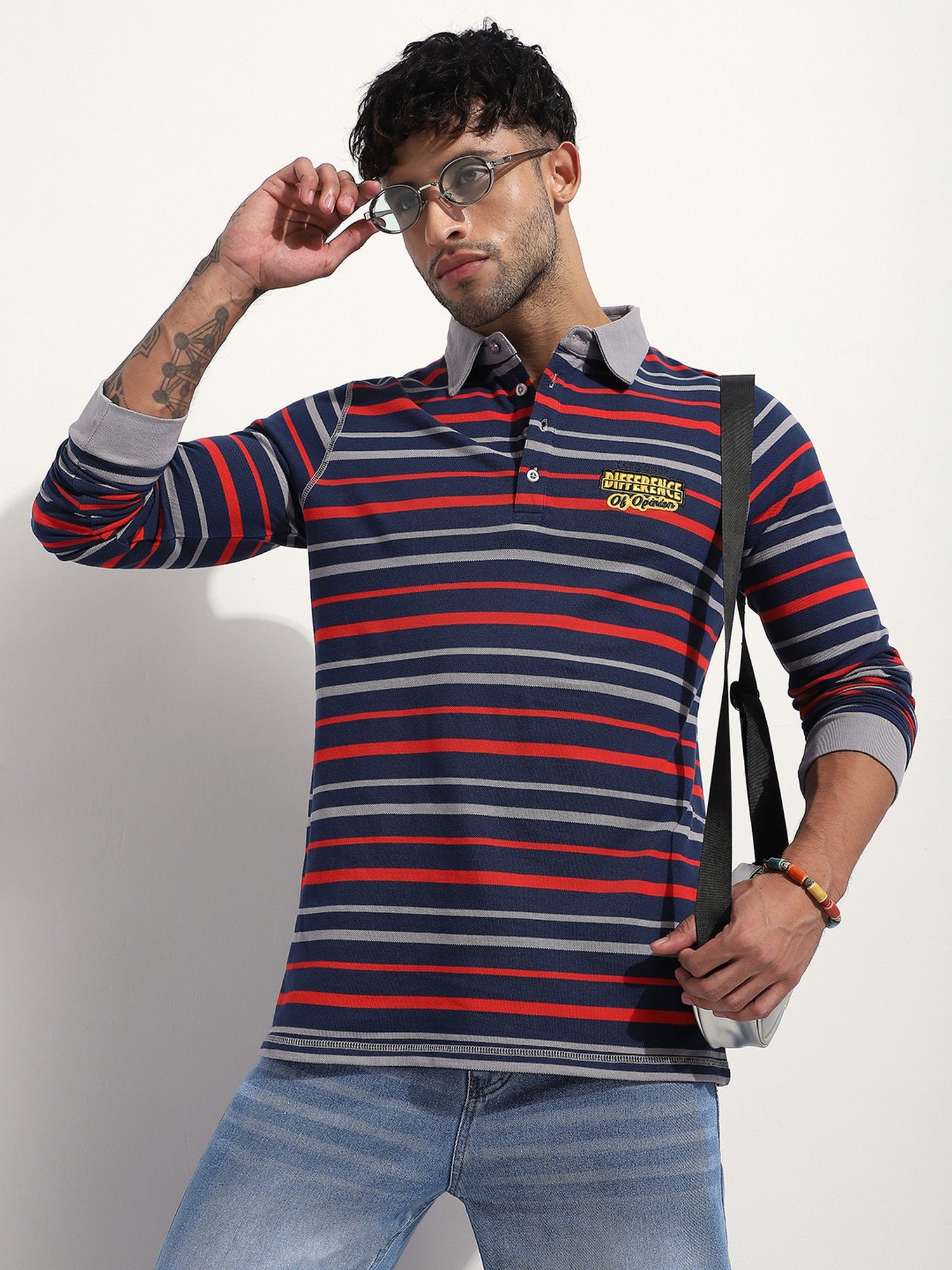 Men Regular Fit Long Sleeve Striped Red Polo T-Shirt
