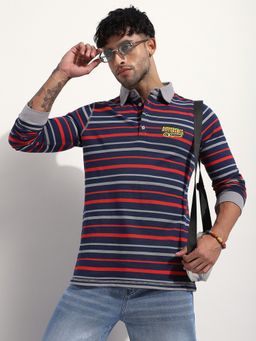 Difference of Opinion - Men Regular Fit Long Sleeve Striped Red Polo T-Shirt