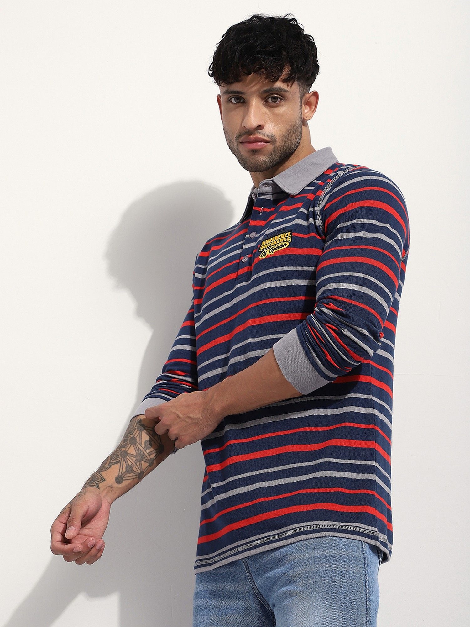 Men Regular Fit Long Sleeve Striped Red Polo T-Shirt