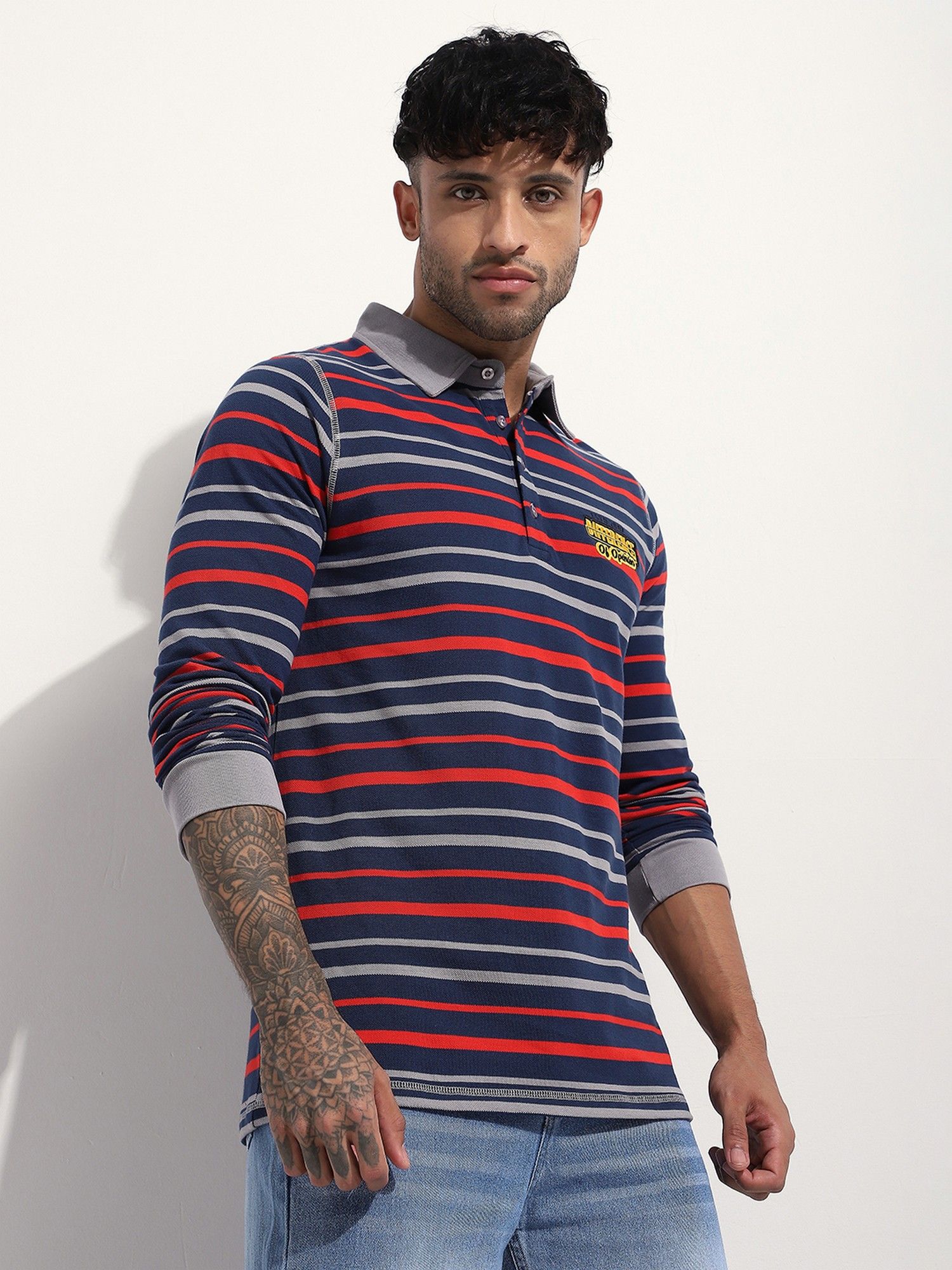 Men Regular Fit Long Sleeve Striped Red Polo T-Shirt