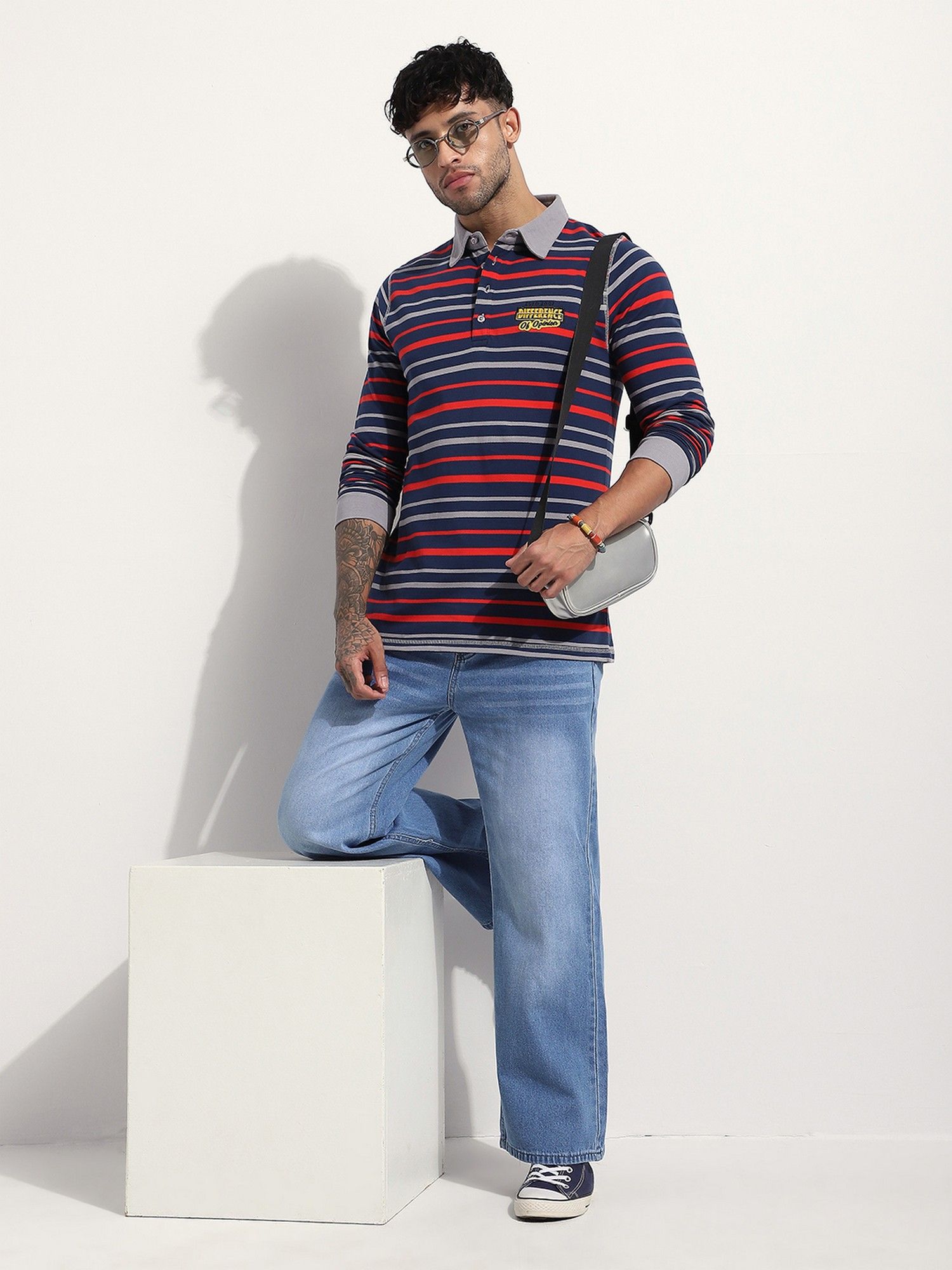 Men Regular Fit Long Sleeve Striped Red Polo T-Shirt