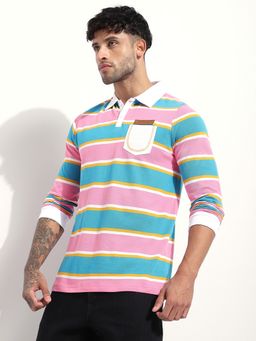 Difference of Opinion - Men Regular Fit Long Sleeve Pink Striped Polo T-Shirt