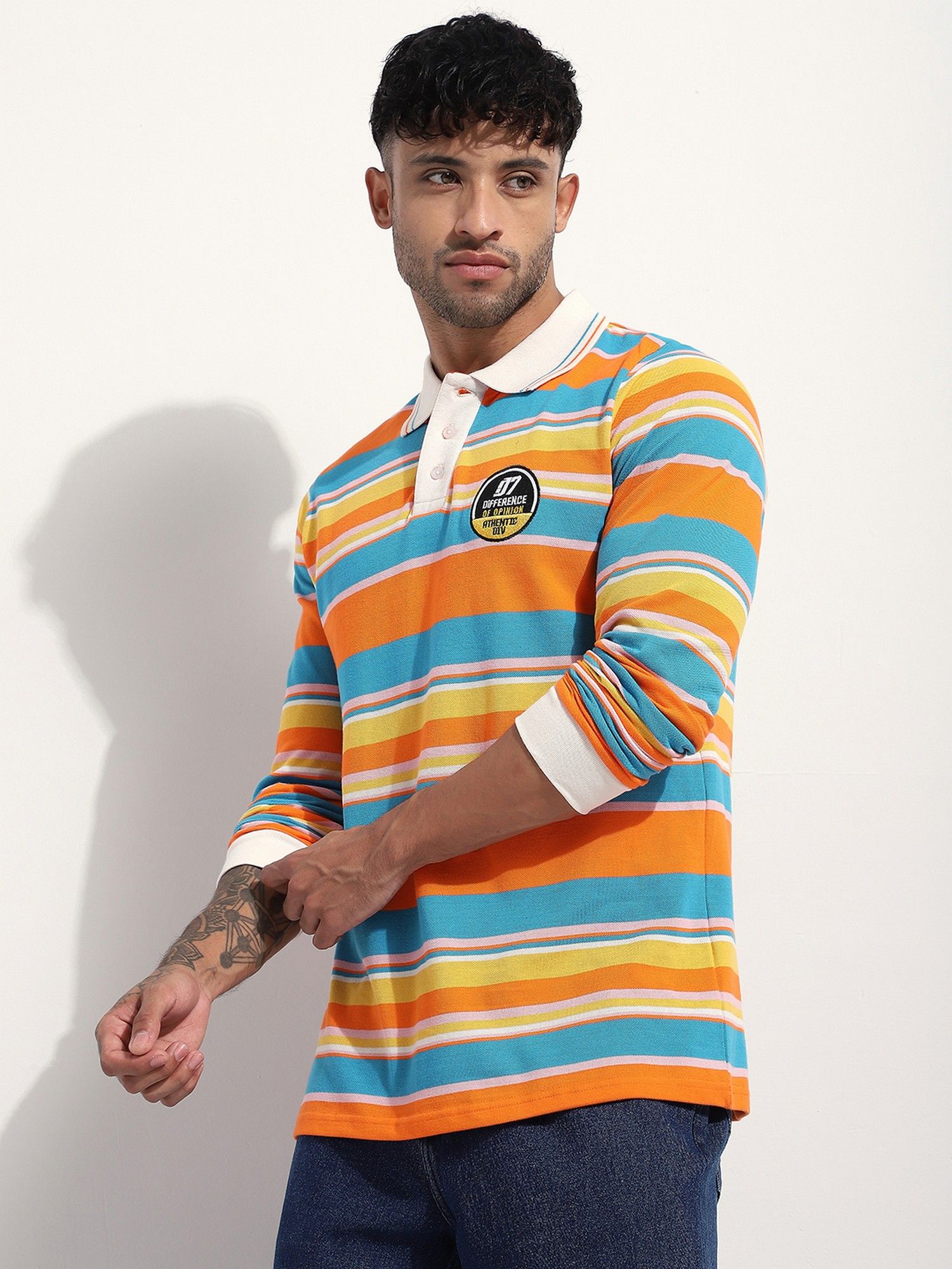 Men Regular Fit Long Sleeve Striped Orange Polo T-Shirt