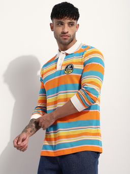 Difference of Opinion - Men Regular Fit Long Sleeve Striped Orange Polo T-Shirt