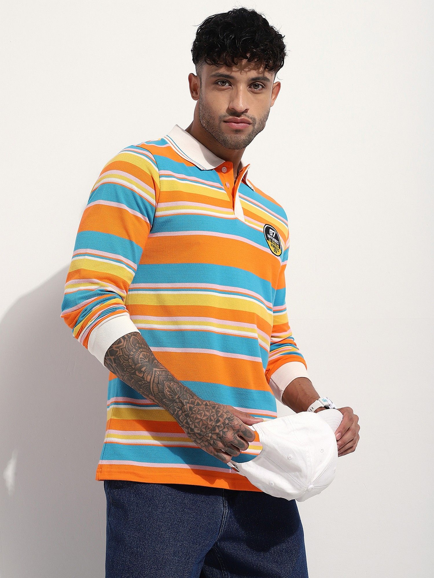 Men Regular Fit Long Sleeve Striped Orange Polo T-Shirt