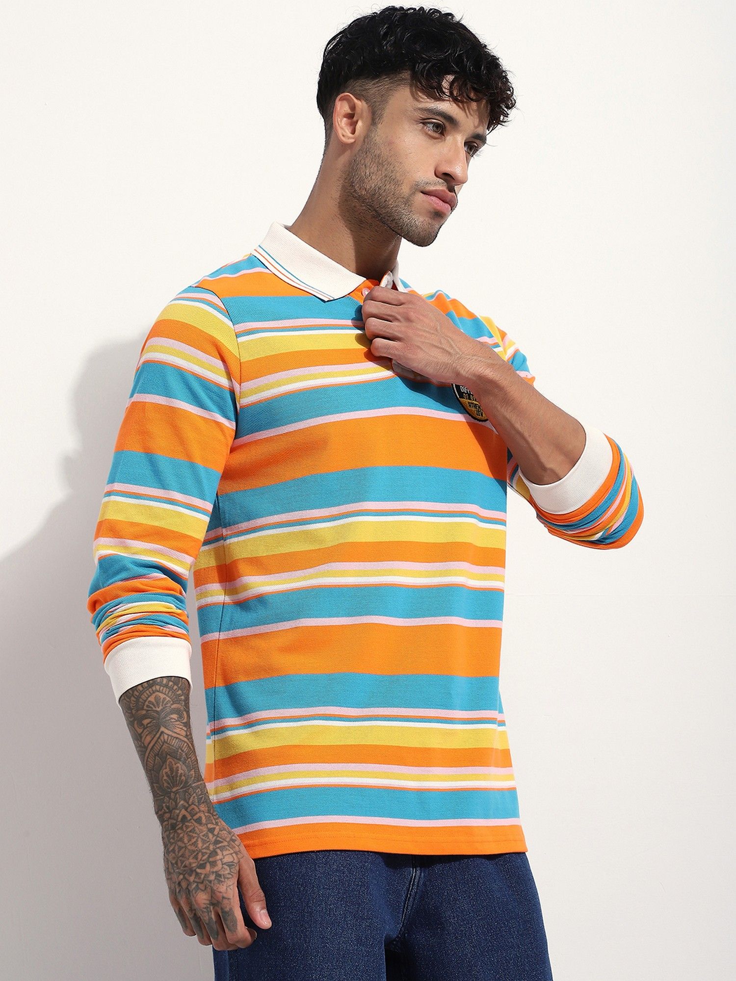 Men Regular Fit Long Sleeve Striped Orange Polo T-Shirt