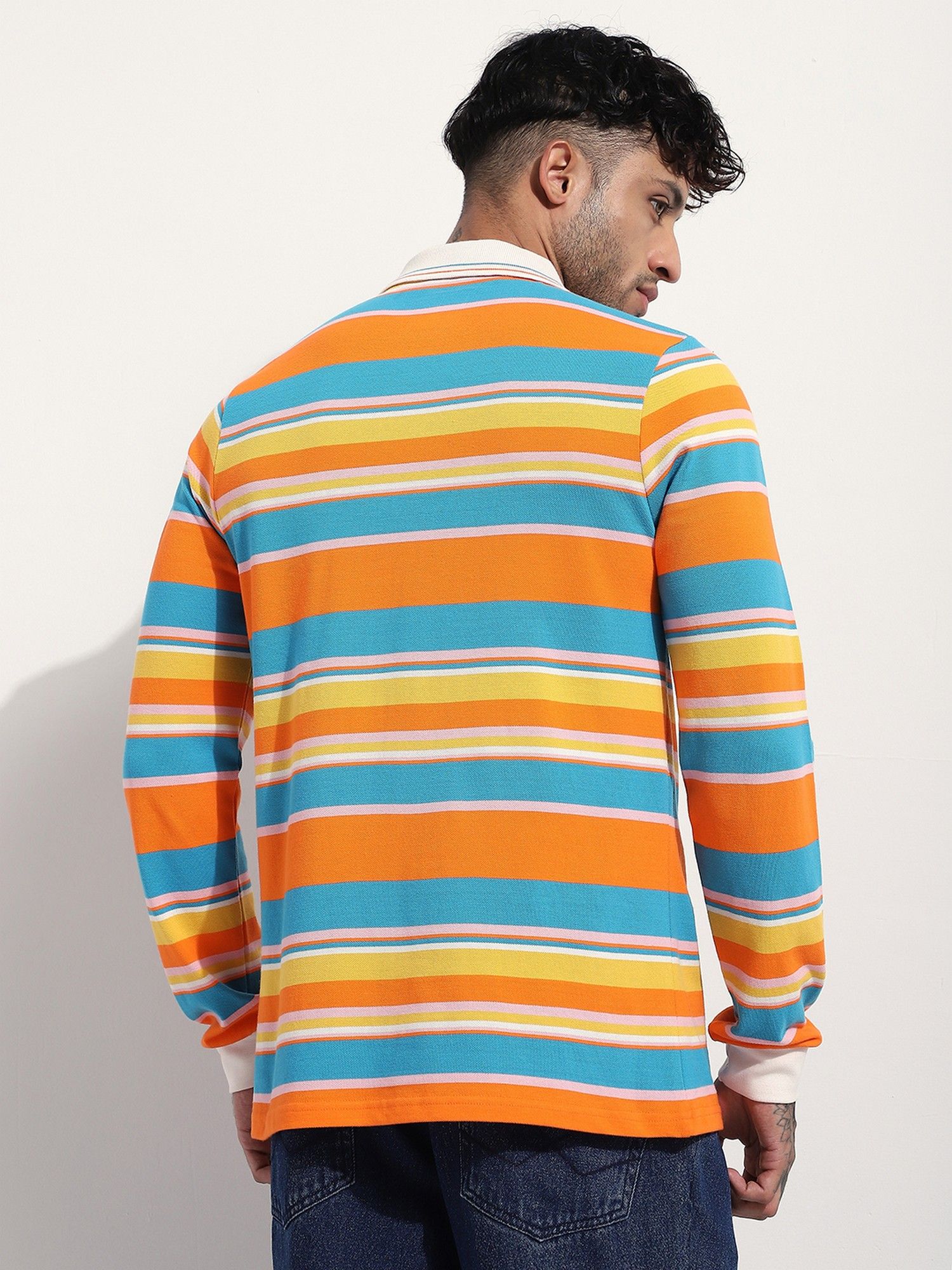 Men Regular Fit Long Sleeve Striped Orange Polo T-Shirt