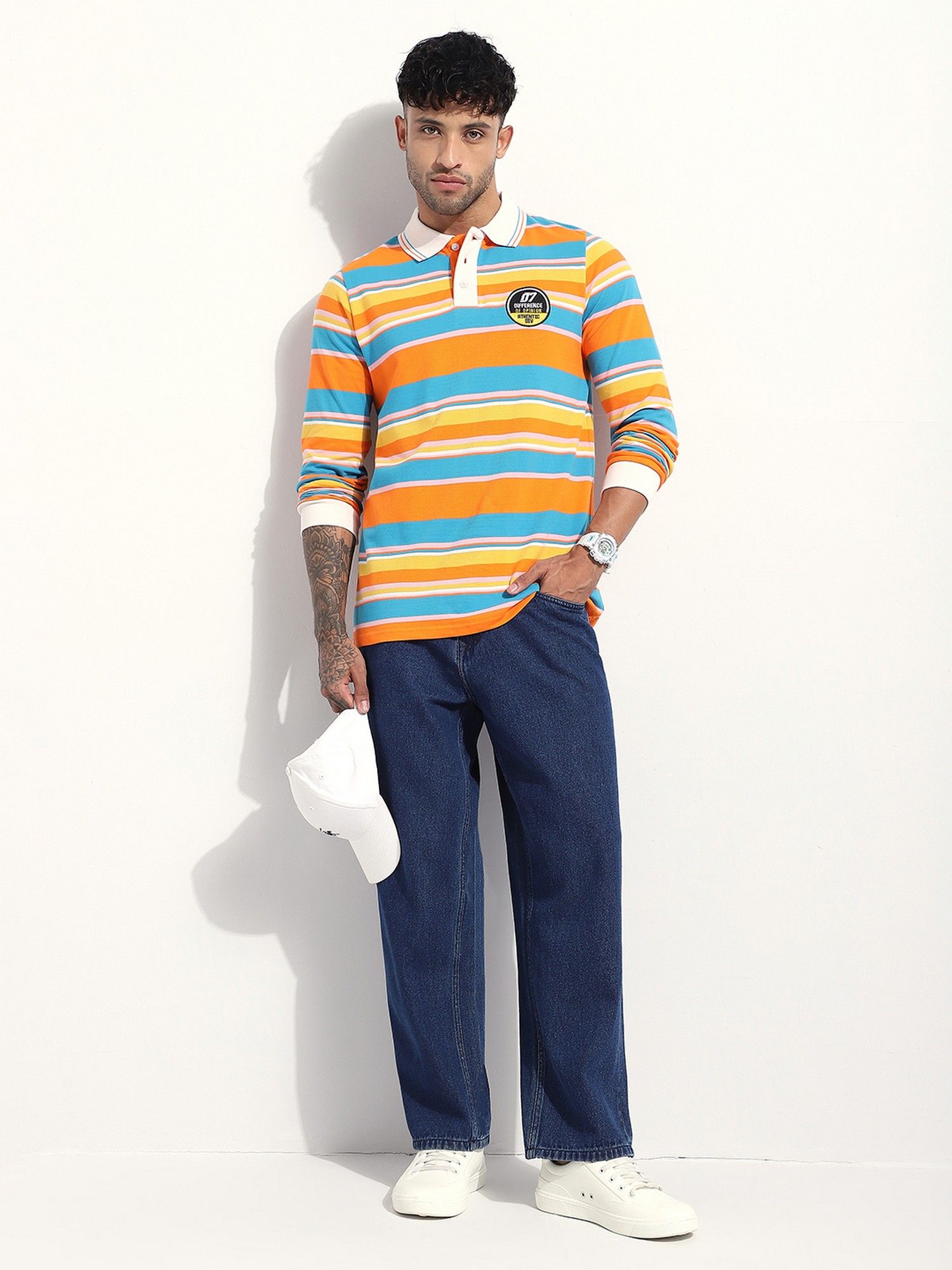 Men Regular Fit Long Sleeve Striped Orange Polo T-Shirt
