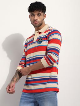 Difference of Opinion - Men Regular Fit Long Sleeve Red Striped Polo T-Shirt