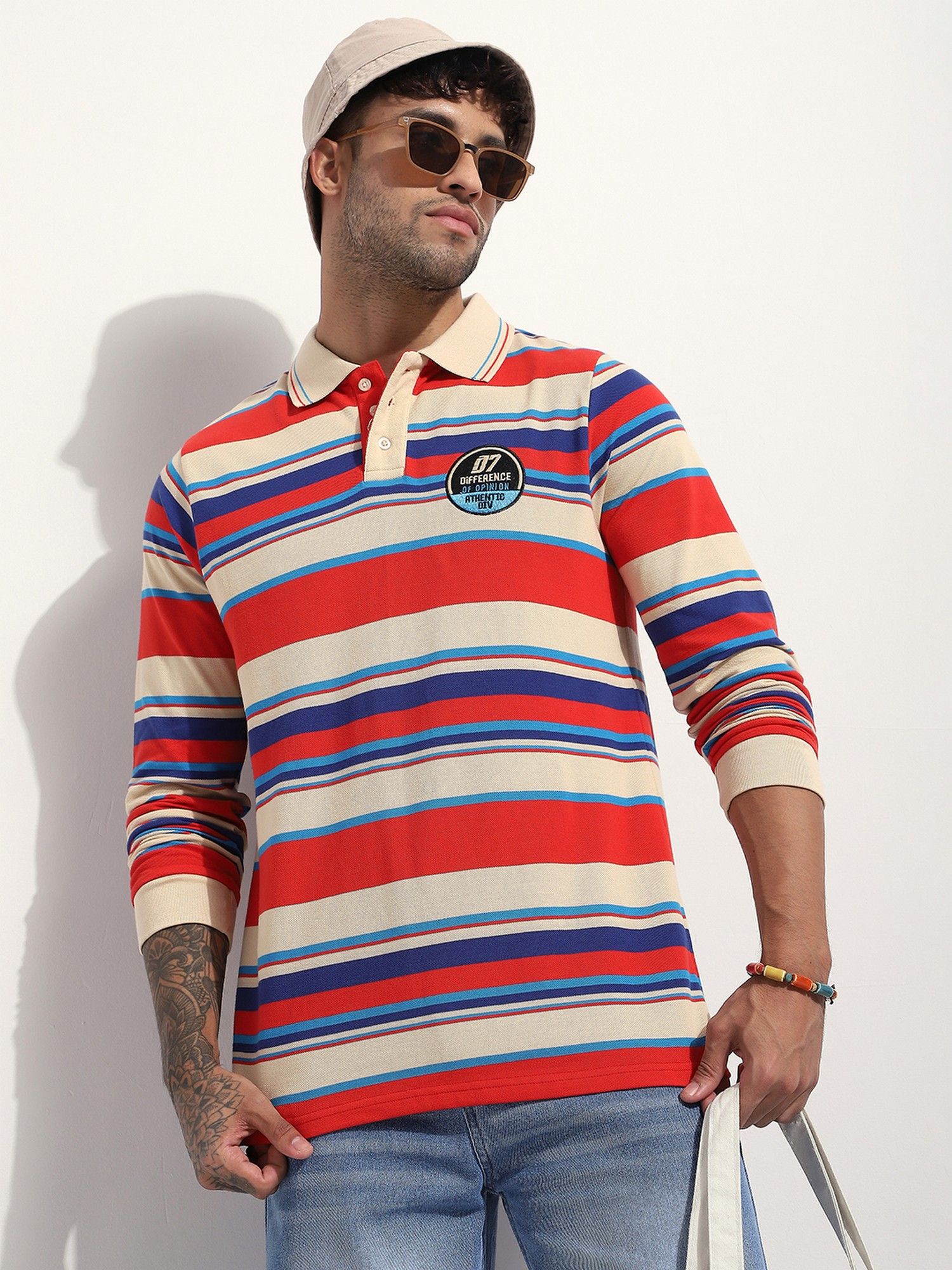 Men Regular Fit Long Sleeve Red Striped Polo T-Shirt