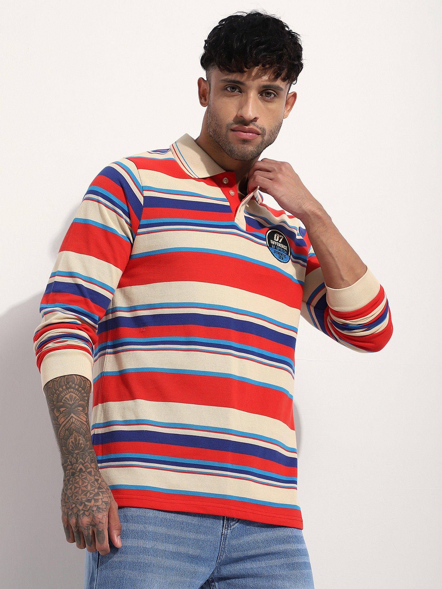 Men Regular Fit Long Sleeve Red Striped Polo T-Shirt