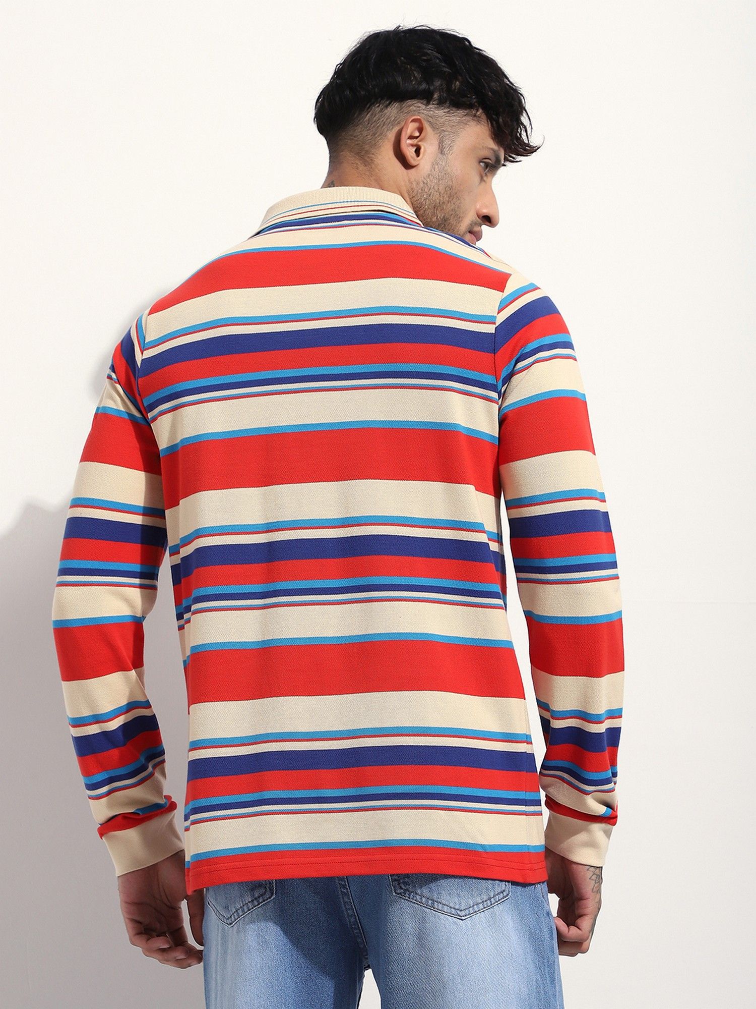Men Regular Fit Long Sleeve Red Striped Polo T-Shirt
