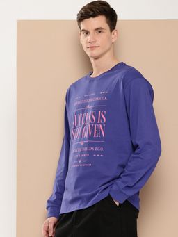 Difference of Opinion - Men Long Sleeve Oversized Printed Indigo T-Shirt
