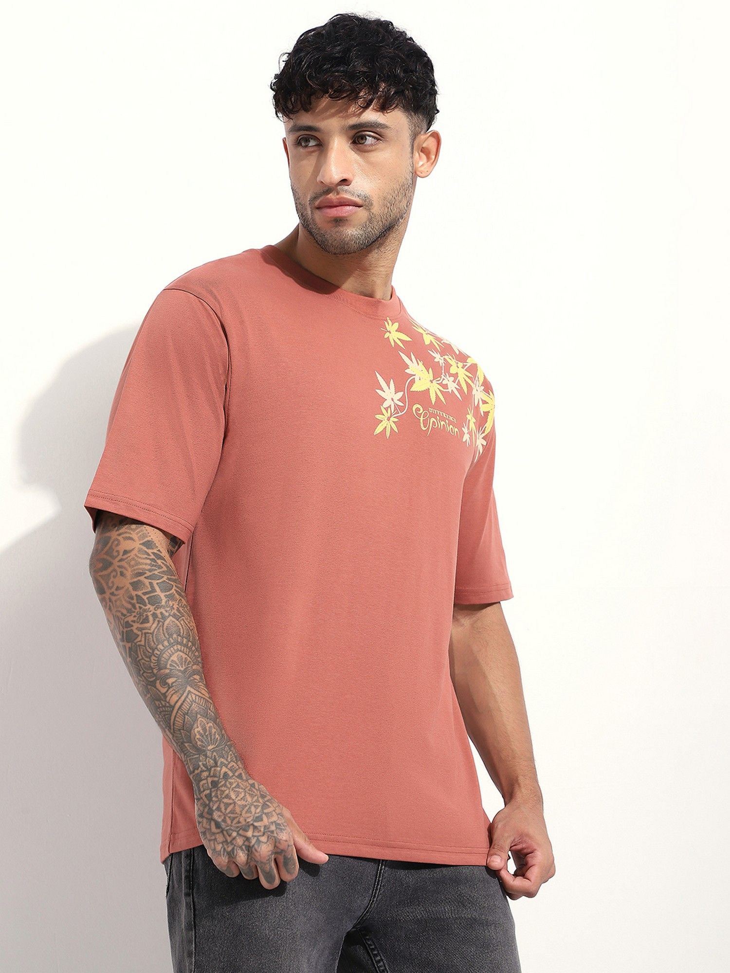 Men Oversized Embroidery Brown T-Shirt