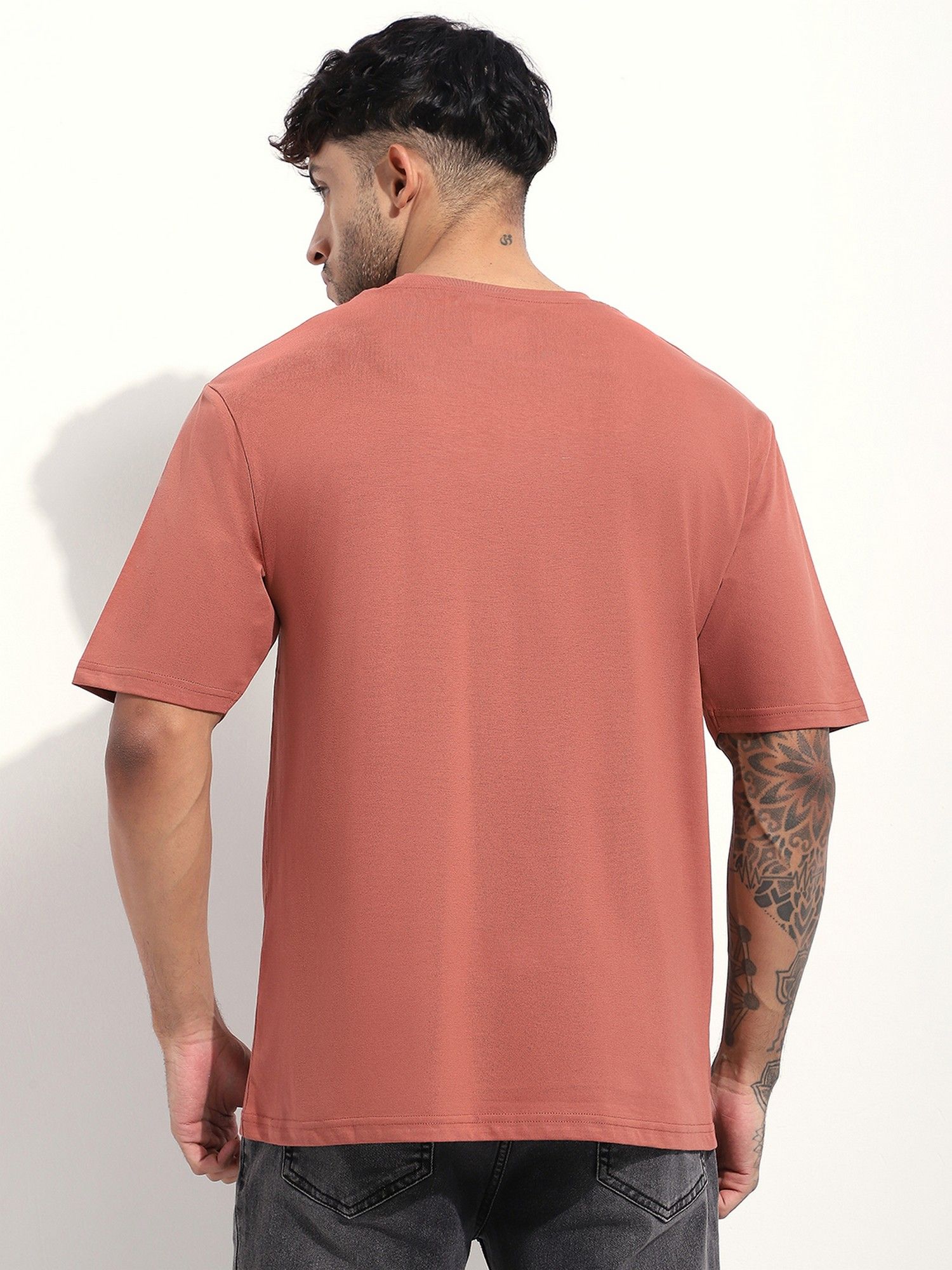 Men Oversized Embroidery Brown T-Shirt