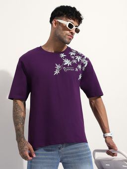 Difference of Opinion - Men Oversized Embroidery Purple T-Shirt