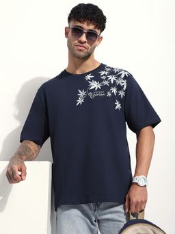 Difference of Opinion - Men Oversized Embroidery Navy Blue T-Shirt
