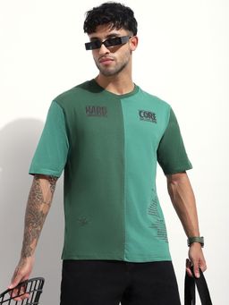 Difference of Opinion - Men Oversized Cut and Sew Embossed Green T-Shirt