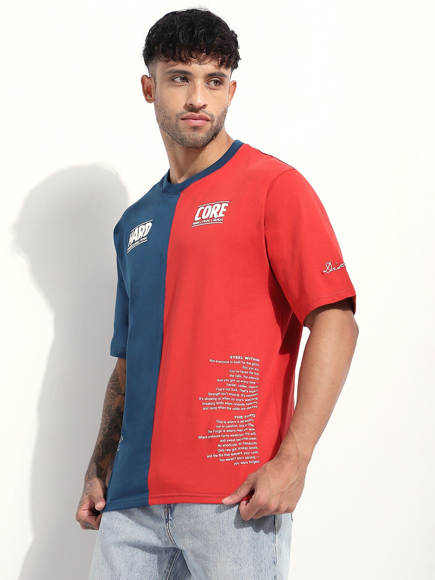 Men Oversized Cut and Sew Embossed Blue T-Shirt