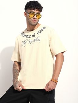 Difference of Opinion - Men Oversized Embroidery Beige T-Shirt
