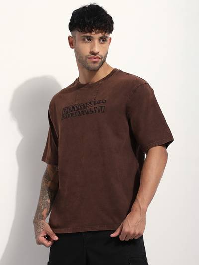 Men Acid Washed Oversized Embroidery Brown T-Shirt