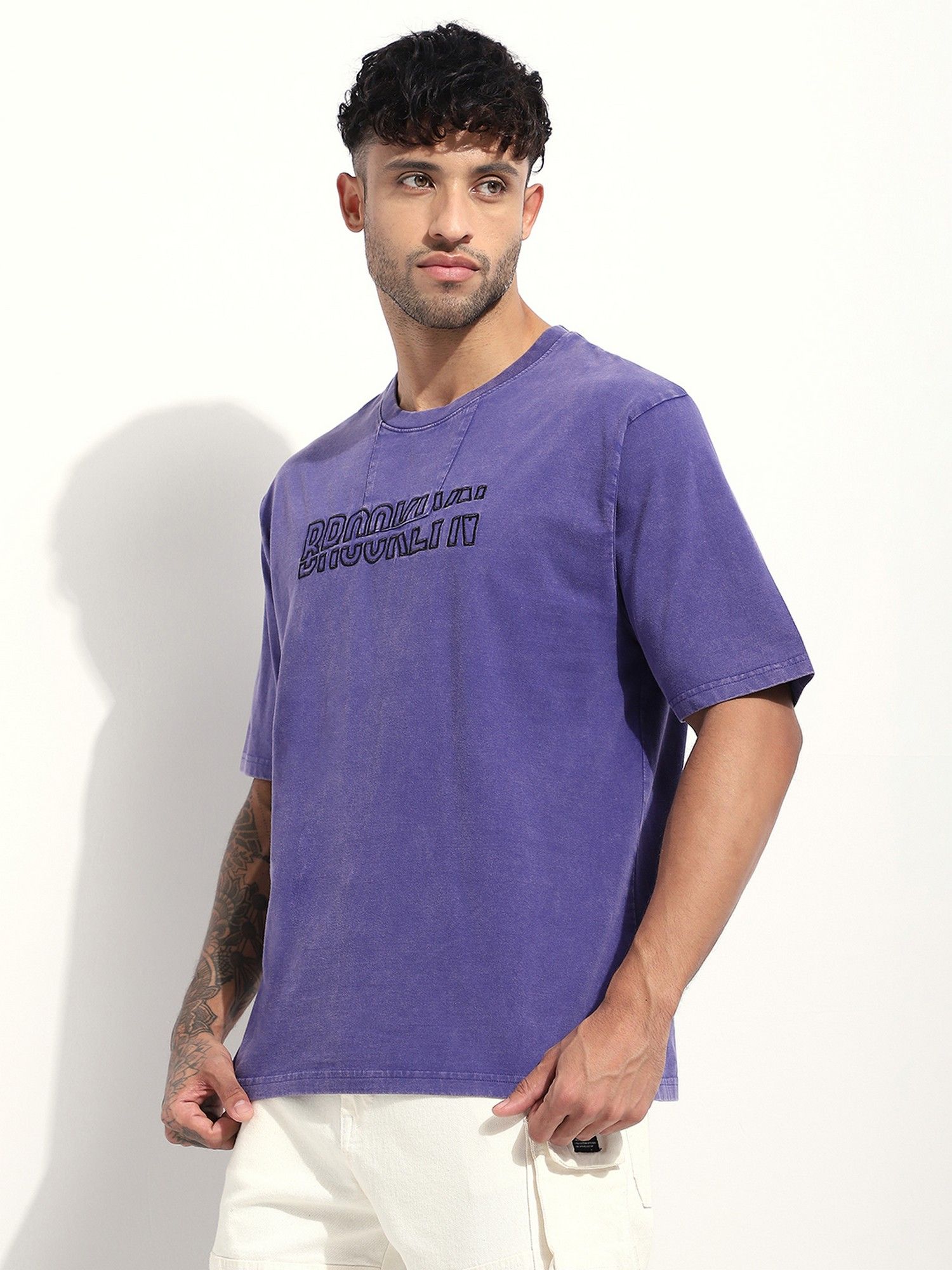 Men Acid Washed Oversized Embroidery Navy Blue T-Shirt