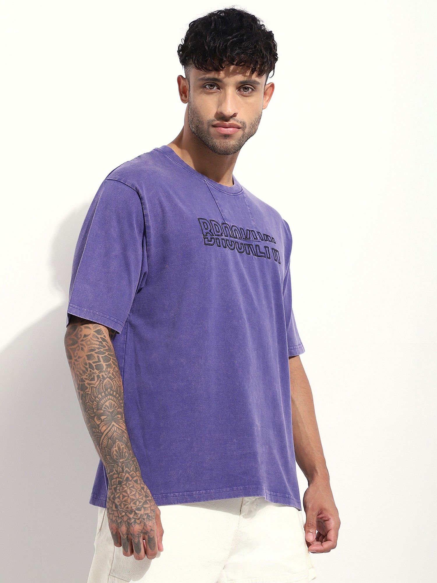 Men Acid Washed Oversized Embroidery Navy Blue T-Shirt