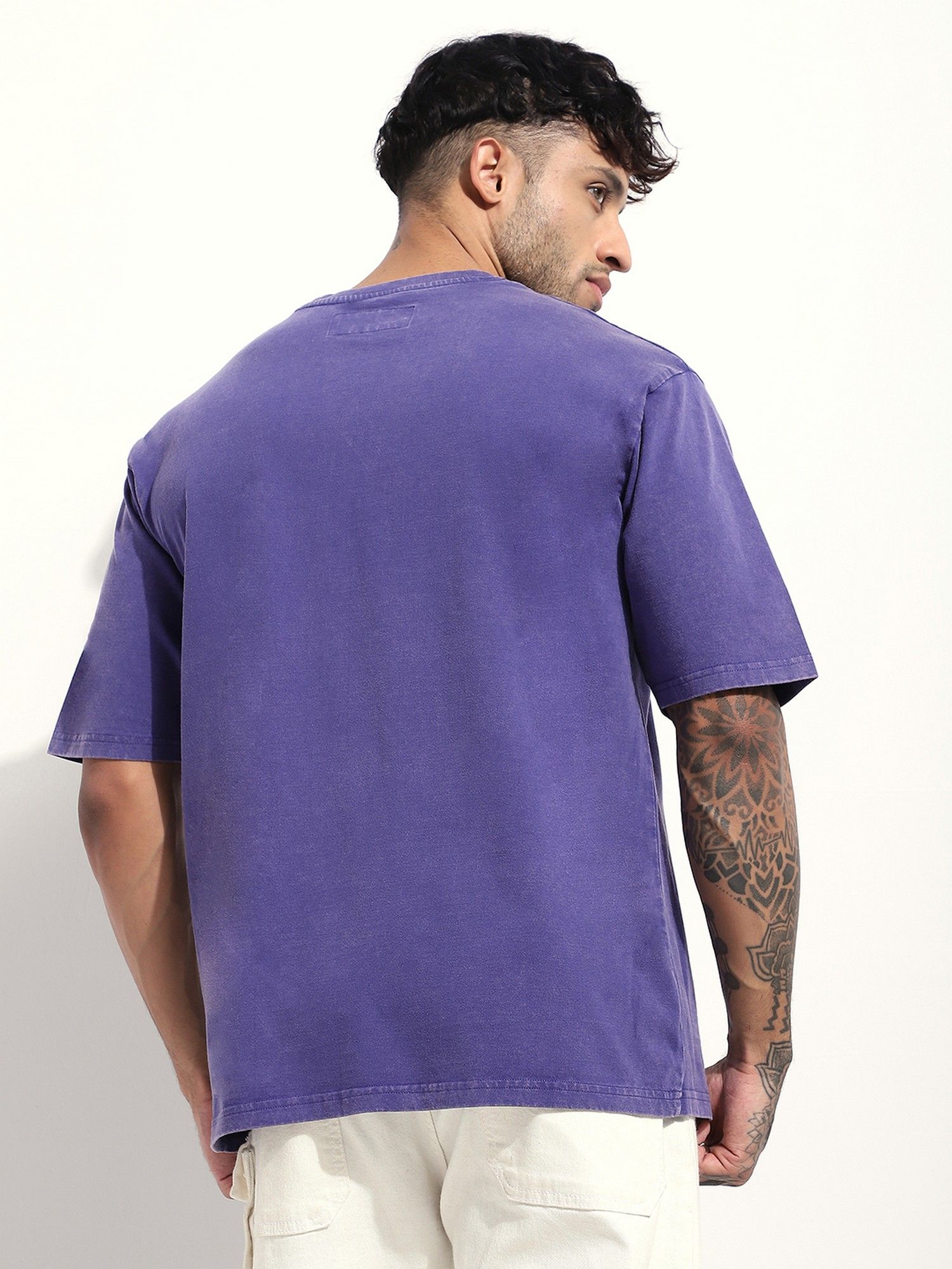 Men Acid Washed Oversized Embroidery Navy Blue T-Shirt