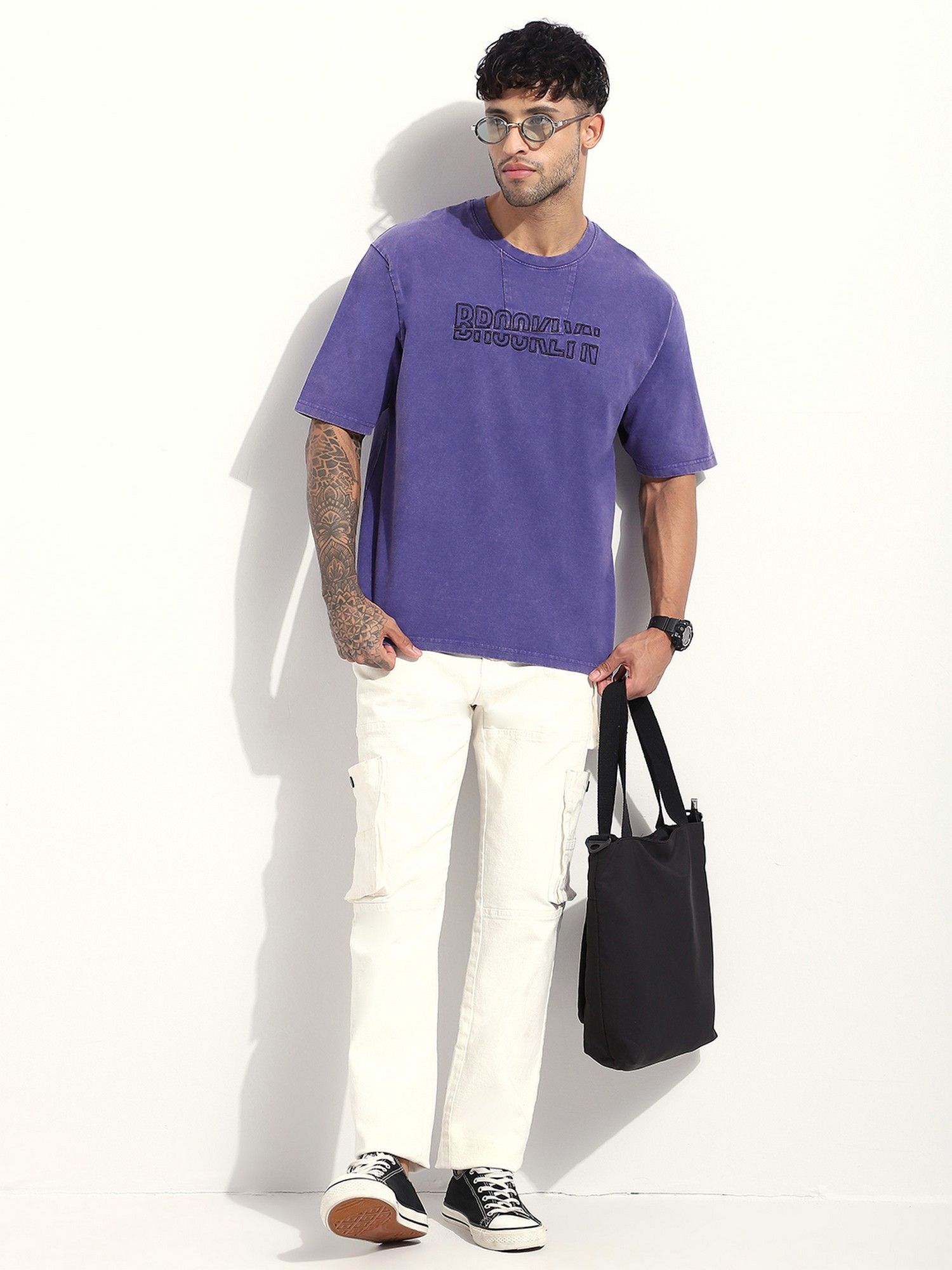 Men Acid Washed Oversized Embroidery Navy Blue T-Shirt