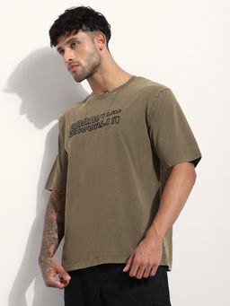 Difference of Opinion - Men Acid Washed Oversized Embroidery Olive T-Shirt