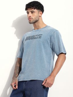 Difference of Opinion - Men Acid Washed Oversized Embroidery Blue T-Shirt