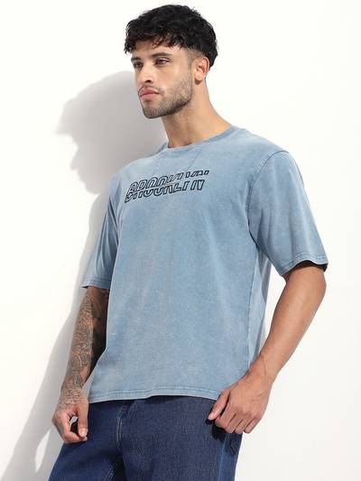 Men Acid Washed Oversized Embroidery Blue T-Shirt
