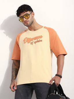 Difference of Opinion - Men Oversized Raglan Beige Embroidery T-Shirt