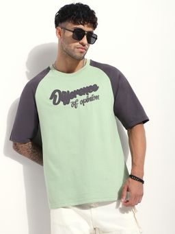 Difference of Opinion - Men Green Oversized Raglan Embroidery T-Shirt