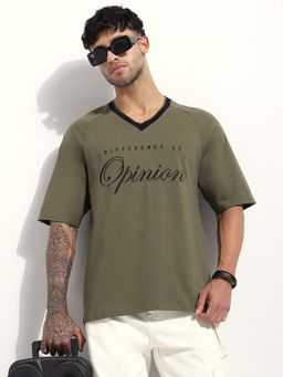 Difference of Opinion - Men Oversized Raglan Embroidery V-Neck Olive T-Shirt