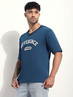 Difference of Opinion - Men Oversized Applique V-Neck Blue T-Shirt