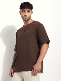 Difference of Opinion - Men Brown Oversized Embroidery T-Shirt