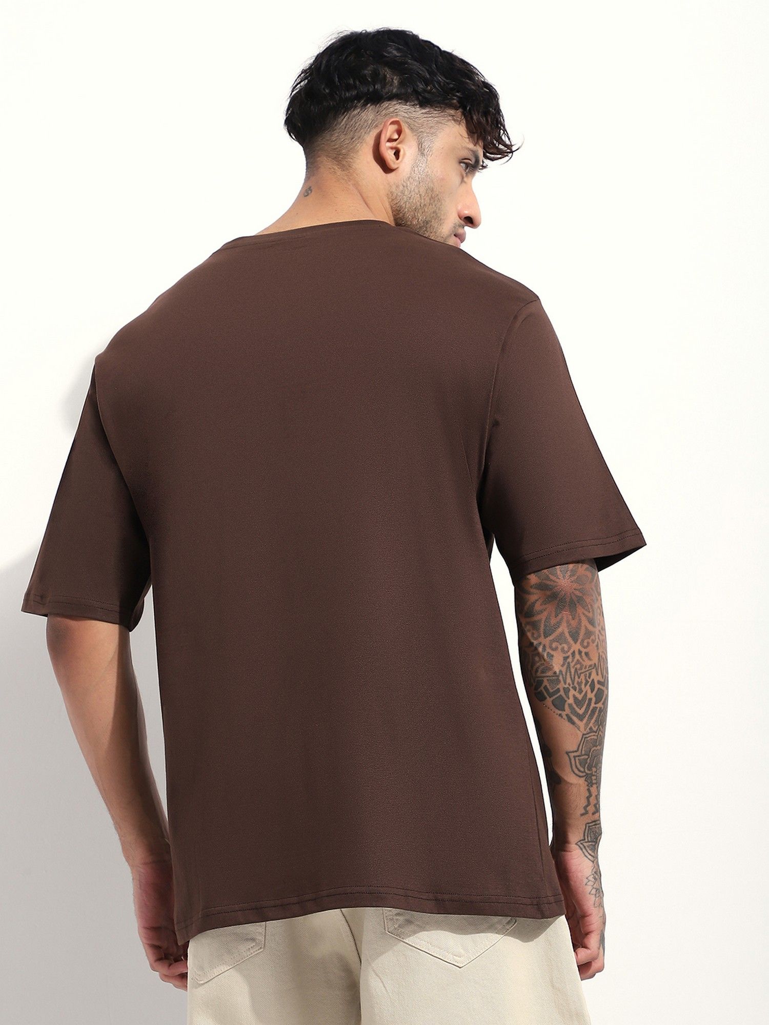 Men Brown Oversized Embroidery T-Shirt