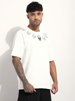 Difference of Opinion - Men Off White Oversized Embroidery T-Shirt