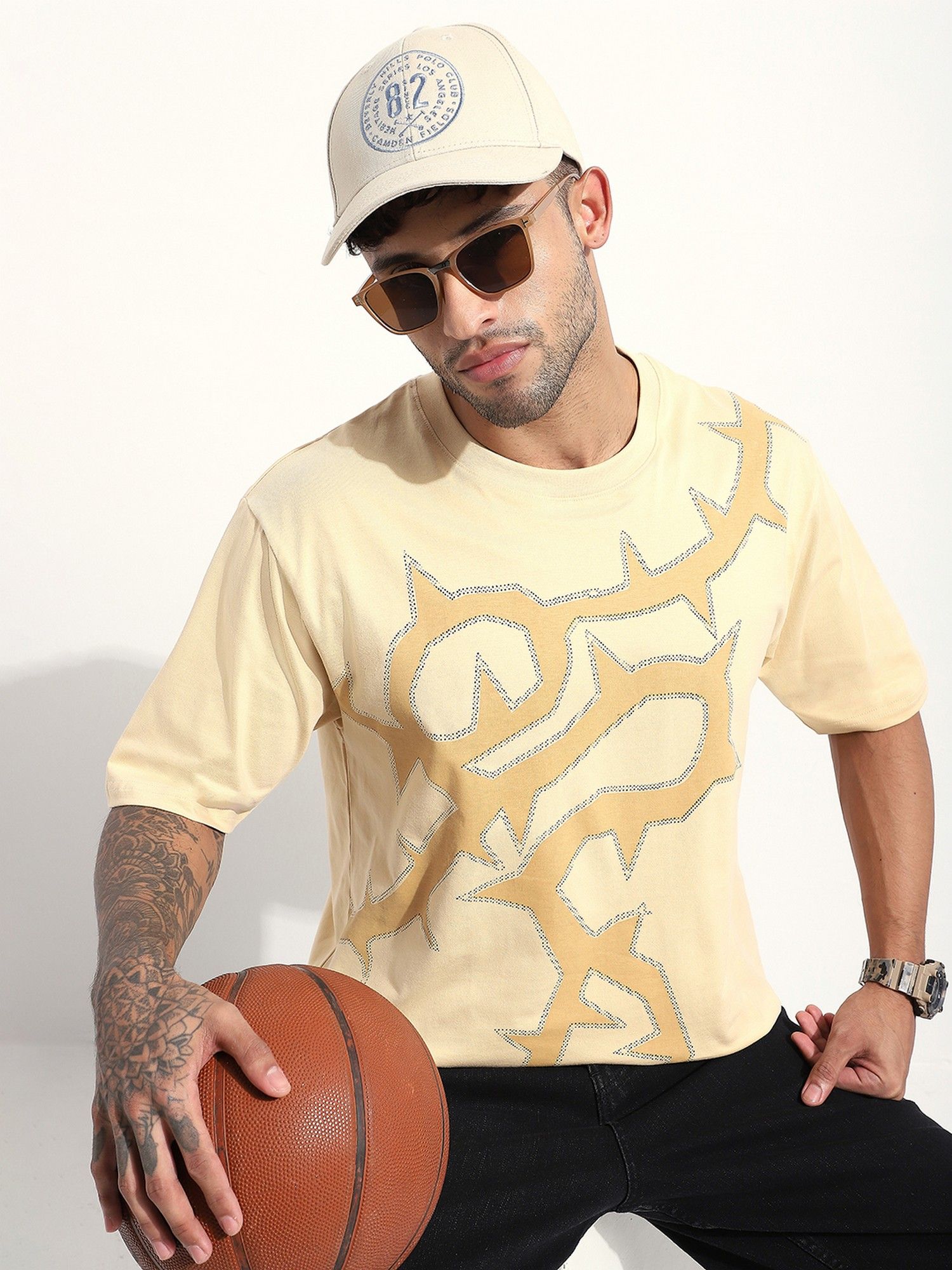 Beige Men Oversized Printed T-Shirt